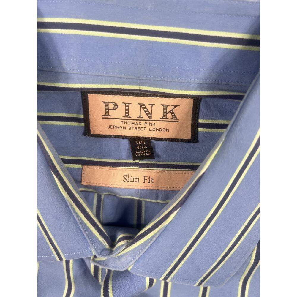 Men's Thomas Pink Blue Yellow Striped Slim Fit Dress Shirt Size 16.5/42 - Picture 2 of 6